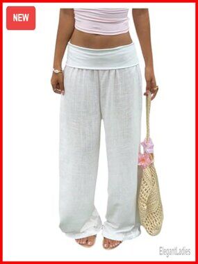 Wide Leg Linen Fold Over Pants Low Rise Lounge Trousers
